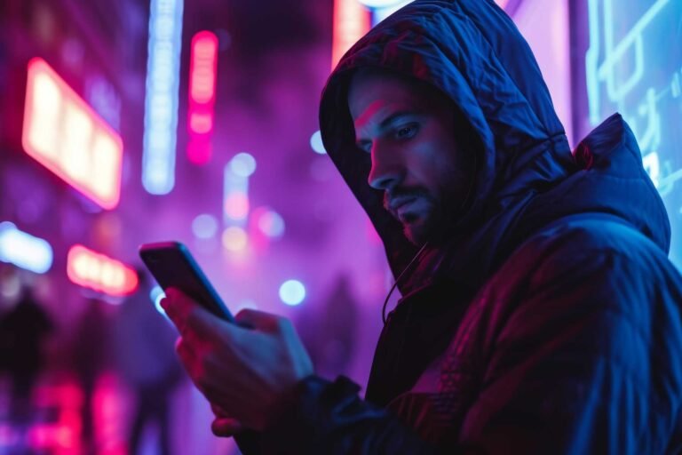 Homme seul dans une ruelle néon, absorbé par son téléphone – illustration du comportement needy en amour
