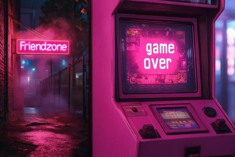 Illustration de la friendzone avec un panneau lumineux et une borne d’arcade « game over », symbolisant l’échec amoureux