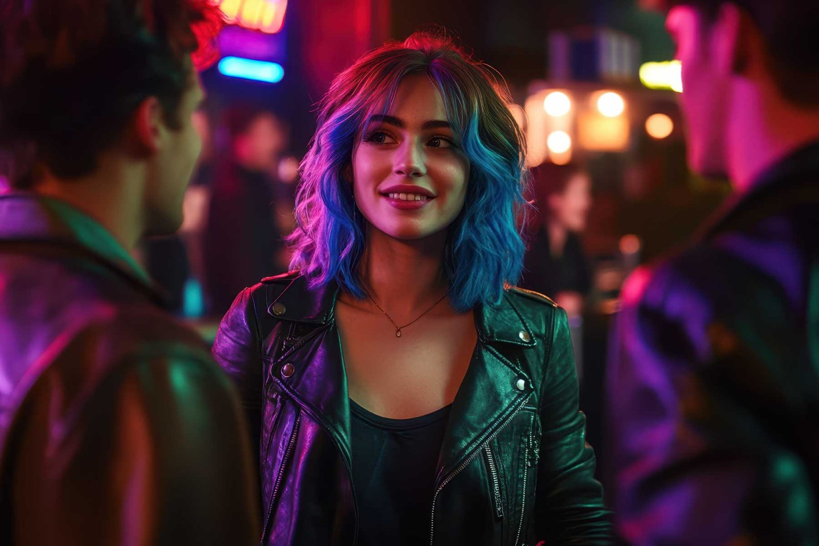 Jeune femme souriante dans une ambiance nocturne, évoquant la complicité et les ambiguïtés de la friendzone.