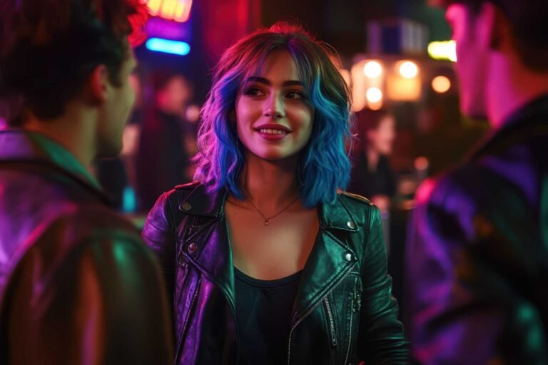 Jeune femme souriante dans une ambiance nocturne, évoquant la complicité et les ambiguïtés de la friendzone.