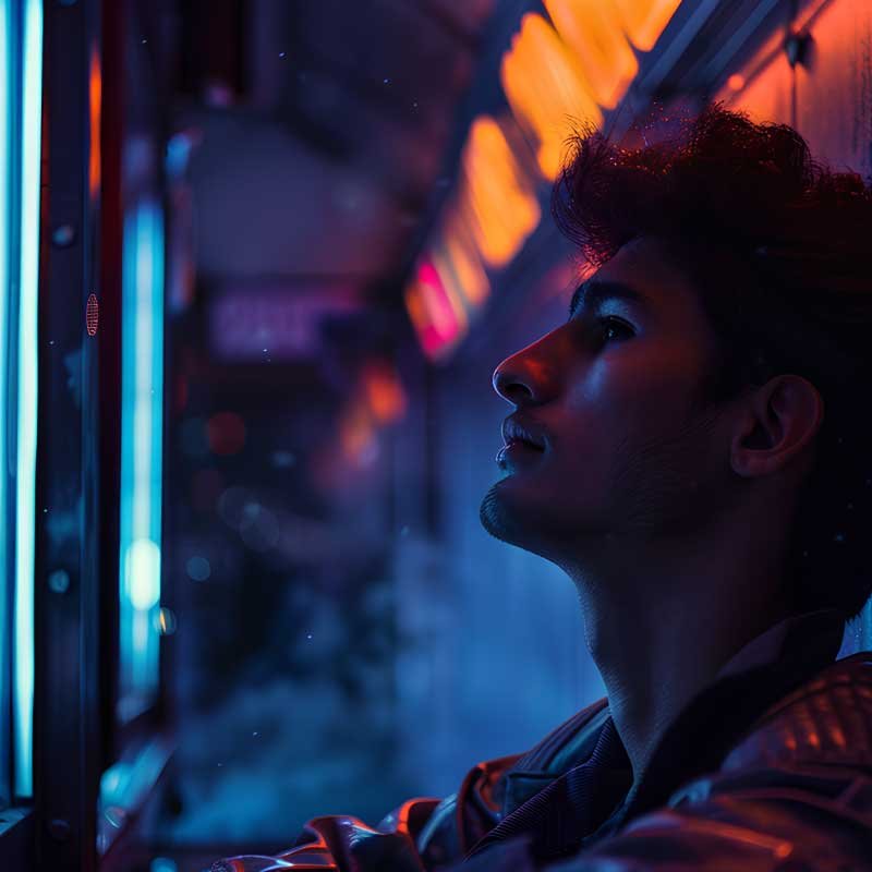 Homme seul face à une vitrine sous la pluie, métaphore du repli émotionnel après une rupture amoureuse et des relations non résolues avec son ex.