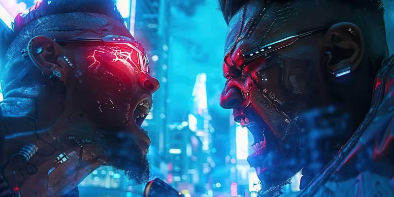 Deux personnes en confrontation holographique, illustrant les conflits post-rupture amoureuse et les interdits dans les relations avec son ex.