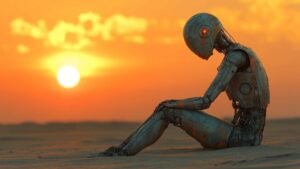 Robot assis seul dans un désert au coucher de soleil – métaphore visuelle du silence radio et de la solitude émotionnelle