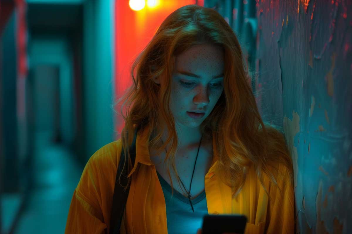 Jeune femme seule dans un couloir néon, regardant son téléphone – métaphore visuelle du silence radio et de l’attente émotionnelle