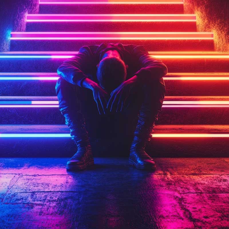 Homme seul assis sous la pluie dans une ruelle néon, symbolisant l’impact émotionnel et les troubles de l’estime de soi après une rupture amoureuse