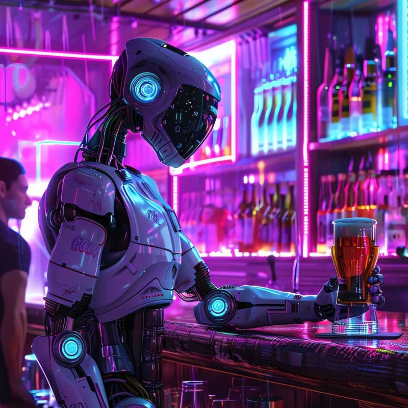 Un humanoide tenant une bière dans un bar, illustrant les risques pour la santé liés à la consommation d’alcool après une rupture amoureuse